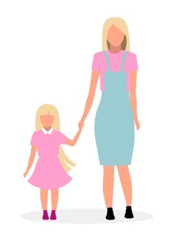 Blonde mother with cute daughter flat vector illustration. Parent with preschool girl holding hand cartoon characters isolated on white background. Elegant young lady with child in pink dress walking