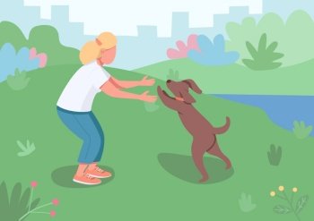 Pet owner flat color vector illustration. Female adult walk doggy outside in park. Domestic animal running to hug. Woman play with dog 2D cartoon characters with landscape on background. Pet owner flat color vector illustration