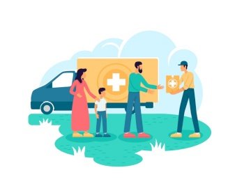 Humanitarian aid 2D vector web banner, poster. Voluntary organization flat characters on cartoon background. Medical help. Donation for people in need printable patch, colorful web element. Humanitarian aid 2D vector web banner, poster