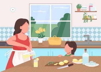 Make lemonade at home flat color vector illustration. Mother and daughter prepare summer drink. Kid helps cut lemon. Family 2D cartoon characters with kitchen interior on background. Make lemonade at home flat color vector illustration