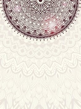 Wedding invitation and announcement card with ornamental round lace with arabesque elements. Mehndi style. Orient traditional ornament. Zentangle-like round colored floral ornament.