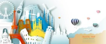 Travel business landmarks tourism Europe architecture by balloon, Tour culture landmark world with panorama view, Popular capital, Origami paper cut for business travel postcard, Vector illustration.