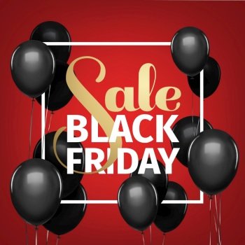 Black friday sale gold lettering. Holiday shopping. Red background. Vector illustration. Balloons. Black friday sale gold lettering. Holiday shopping. Red background. Vector illustration. Black balloons.