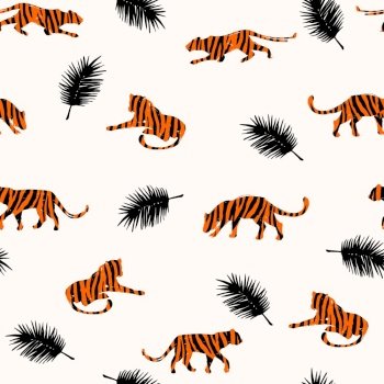 Seamless exotic pattern with abstract silhouettes of tigers.