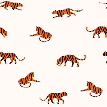 Seamless exotic pattern with abstract silhouettes of tigers. Vector hand draw design.. Seamless exotic pattern with abstract silhouettes of tigers.