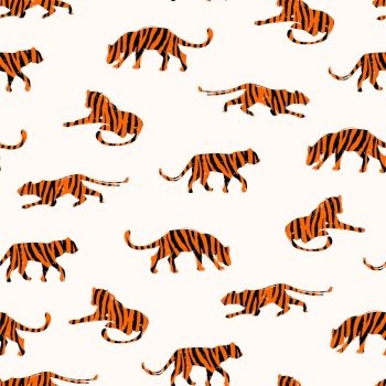 Seamless exotic pattern with abstract silhouettes of tigers. Vector hand draw design.. Seamless exotic pattern with abstract silhouettes of tigers.