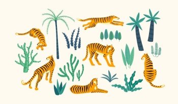 Vestor set of tigers and tropical leaves. Trendy illustration.. Vestor set of tigers and tropical leaves.
