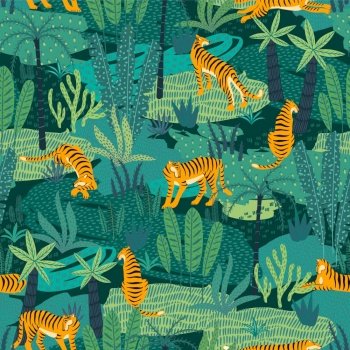 Seamless exotic pattern with tigers in the jungle. Vector hand draw design.. Seamless exotic pattern with tigers in the jungle.