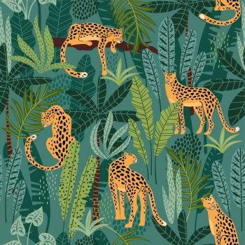Vestor seamless pattern with leopards and tropical leaves. Trendy style.. Vestor seamless pattern with leopards and tropical leaves.