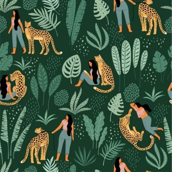 Vector seamless pattern with women, leopards and tropical leaves. Trendy design for paper, cover, fabric and other users.. Vector seamless pattern with women, leopards and tropical leaves