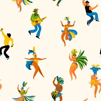 Brazil carnival. Seamless pattern with funny dancing men and women in bright costumes. Design element for carnival concept and other users. Brazil carnival. Seamless pattern with funny dancing men and women in bright costumes.
