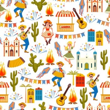 Latin American holiday, the June party of Brazil. Flat seamless pattern with symbolism of the holiday. Latin American holiday, the June party of Brazil. Seamless pattern.
