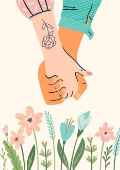 Romantic illustration with male and female hands. Love, love story, relationship. Vector design concept for Valentines Day and other users.. Romantic illustration with male and female hands. Love, love story, relationship.