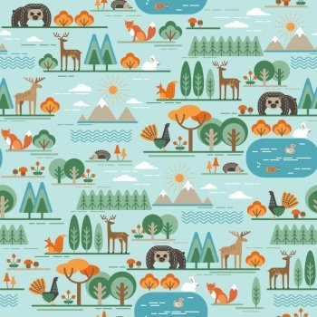 Vector seamless pattern with forest flora and fauna. Trendy graphic style.. Vector seamless pattern with forest flora and fauna. 