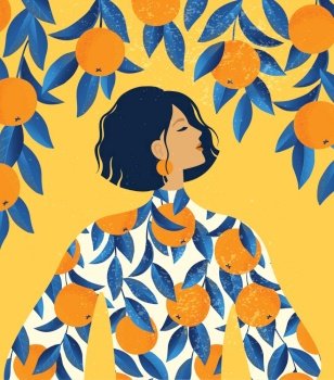 Beautiful girl in a dress with oranges pattern print and orange tree background.. Beautiful girl in a dress with oranges pattern print and a orange tree background.