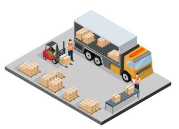 Modern flat design isometric concept of Warehouse Logistic with Workers loading products on  the trucks and forklift loading pallets with cardboard boxes. Vector illustration.