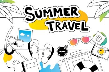 Summer travel doodle symbol and objects icon design for beach background. Vector in hand drawn style. Use for labels, stickers, badges, poster, flyer, banner, illustration design.