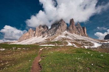Landscape of The Three Peaks of Lavaredo (Tre Cime di Lavaredo), one of the most popular attraction in the Dolomites, Italy