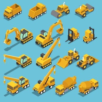 Flat 3d isometric construction transport icon set include excavator, crane grader, cement mixer truck, road roller, forklift, bulldozer
