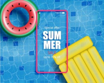 Summer poster or banner with realistic swim ring and inflatable mattress. Shopping promotion for summer season.
