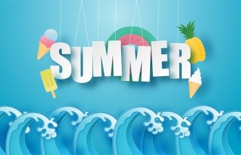 Hello summer poster or banner with hanging text, ice cream, swim ring, pineapple over sea wave in paper cut style. Vector illustration digital craft paper art. wallpaper, backdrop, summer season.