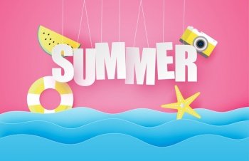 Hello summer poster or banner with hanging text, watermelon, swim ring, star over sea wave in paper cut style. Vector illustration digital craft paper art. wallpaper, backdrop, summer season.