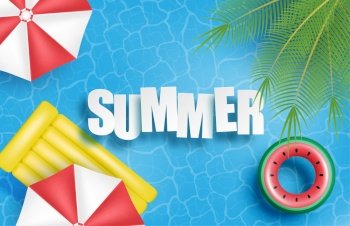 Summer banner or poster. Swimming pool with palm, umbrella, inflatable rubber bed, swim ring and on water. Top view. Shopping promotion template for summer season.