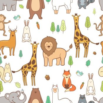 Cute animals hand drawn seamless pattern background