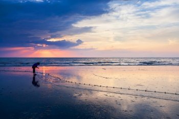An asian woman catching saltwater fish by using the fishing net on the beach at dusk, dramatic sunset sky in the backgrounds. South Thailand.