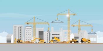 Process of construction of big building dormitory area.Under construction Building work process with construction machines. Vector illustration.