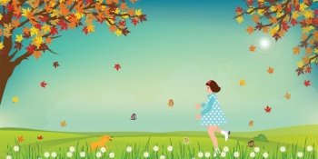 Cute little girl and dog catching butterflies on field in sunny day, Autumn landscape vector illustration.