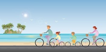 Family are riding on bicycles on beach background. healty life style cartoon Vector illustration.