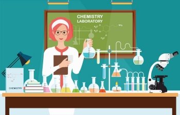 Female scientist at Chemical laboratory Science lesson with microscope technology,Science, education, chemistry, experiment, laboratory concept, vector illustration.