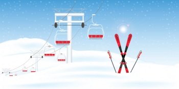 Winter ski resort with ski-lift moving above the ground against winter landscape, winter sport and recreation, winter holiday vacation vector illustration.