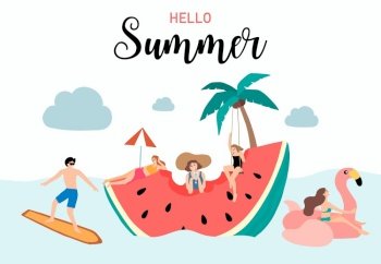 Collection of summer background set with people,watermelon,beach,coconut tree.Editable vector illustration for New year invitation,postcard and website banner