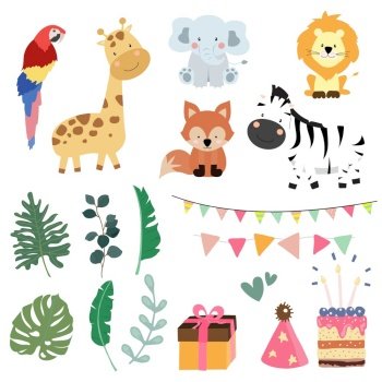 Safari object collection with giraffe, fox,lion,elephant,zebra,cake.Vector illustration for icon,logo,sticker,printable,postcard and invitation