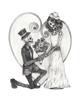 Lover Couple Wedding Skulls.Hand drawing on paper.
