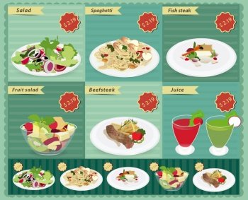 Set of food menu, Salad, Shrimp and spaghetti, Fish steak, Fruit salad, Beefsteak, Juice. Vector retro style template Design