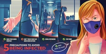 Vector illustration infographic about 5 precautions for hygienic to avoid getting infected viruses in epidemic and pandemic crisis