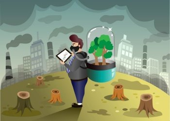 Cartoon of businessman carrying  oxygen tank in glass capsule from trees, standing in deforestation area with air pollution in city buildings. Idea for ecology,air pollution or earth day concept.