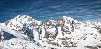 Mountain panorama of the Rhaetian Alps Piz Bernina and Piz Morteratsch in spring