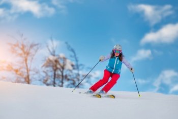 Woman Girl   Female Skier skiing downhill during sunny day i