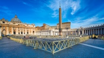 Rome,Iitaly-march 24,2015: Panorama of St. Peter’s Square in Rome, Vatican. In the early hours of the morning, in preparation for meeting with the Pope Francis the next day.,italy-March 24,2015: Panorama of St. Peter’s Square in Rome, Vatican. In the early hours of the morning, in preparation for meeting with the Pope Francis the next day.