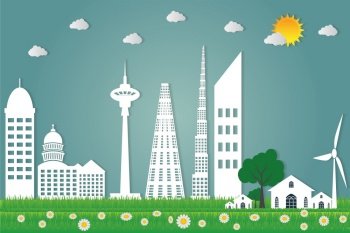 buildings cityscape ecology,Wind turbines with trees and sun clean energy eco-friendly concept ideas.vector illustration 
