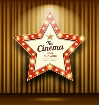 Cinema Theater sign star shape gold curtain light up banner design background, vector illustration