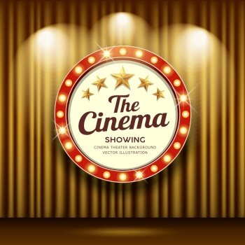 Cinema Theater vector and circle sign red and gold light up curtains gold design background, illustration