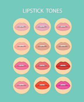 lipstick tones for makeup artist, girl mouths with red lipstick on multiple skin types, vector design.