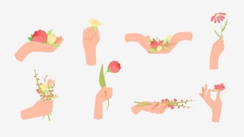 Set of human hands with colorful summer flowers isolated on white background. Collection of arms holding blooming bouquets or bunches vector graphic illustration. Cartoon floral decorative gift. Set of human hands with colorful summer flowers isolated on white background