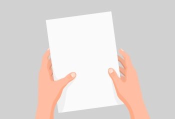 Cartoon human hands hold clear paper sheet template vector graphic illustration. Colored male arms with white empty blank page document isolated on gray background. Concept of advertisement design. Cartoon human hands hold clear paper sheet template vector graphic illustration