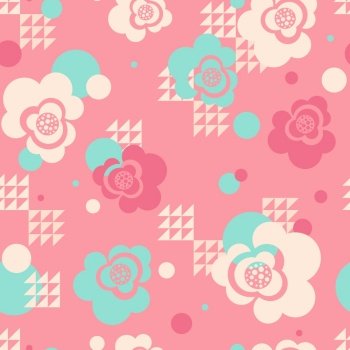 Abstract seamless pattern of bright pink flowers. Textural background of roses with geometric elements, wallpaper, wrapping paper.. Abstract seamless pattern of bright pink flowers.